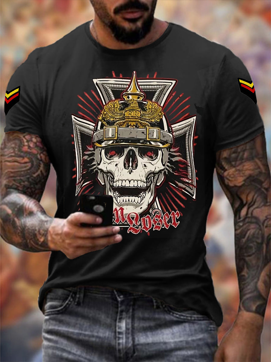 Men's German Iron Cross Cap Prussian Soldier Skull Print T-shirt