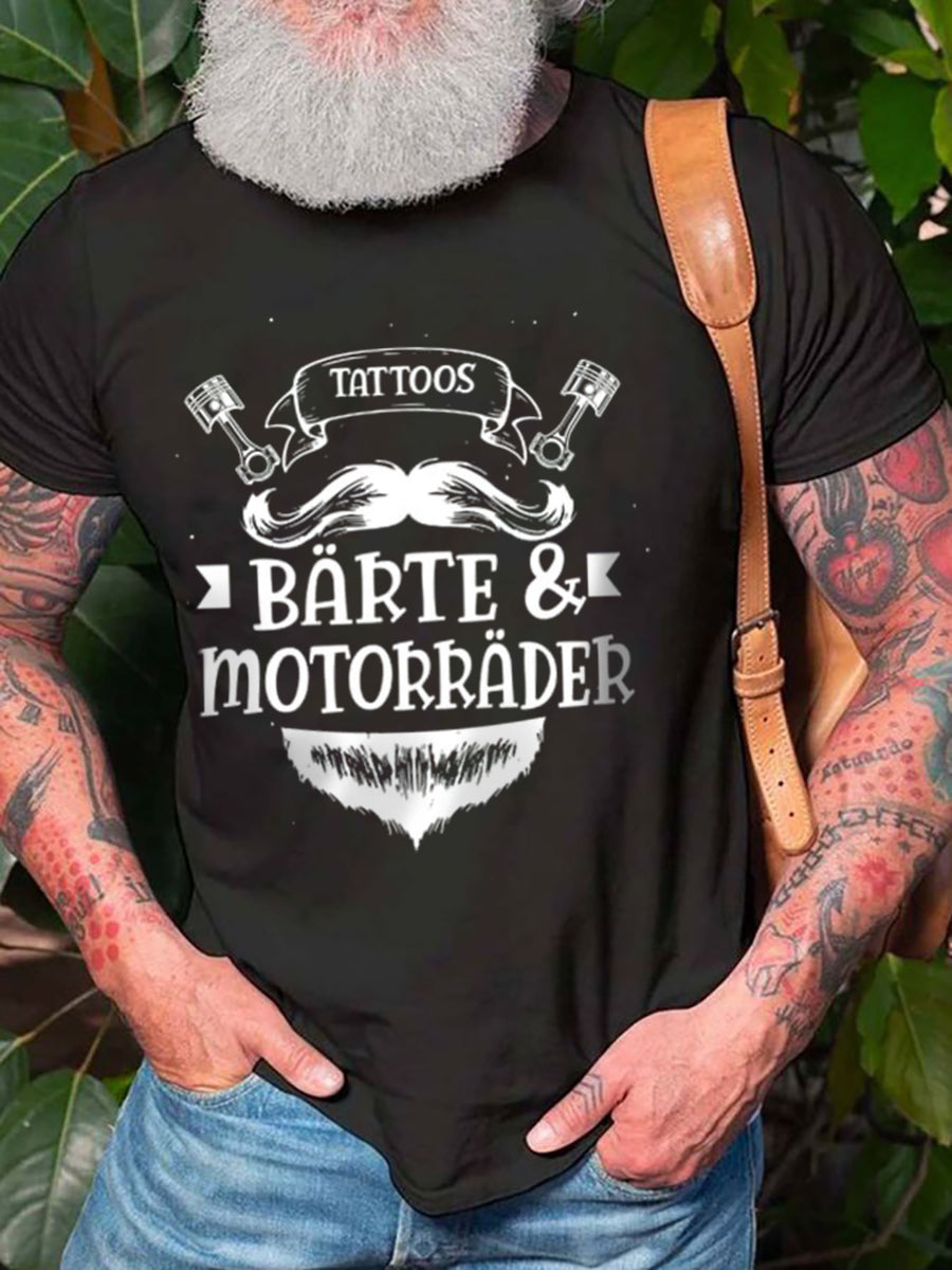 Herren Tattoos bärte & motorrad bedrucktes Kurzarm-T-Shirt