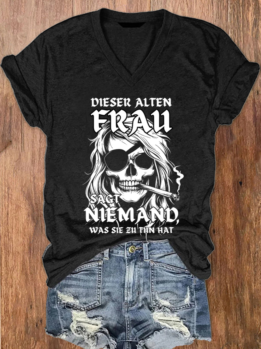T-Shirt mit V-Ausschnitt Damen Rebellische alte Frau bedruckt