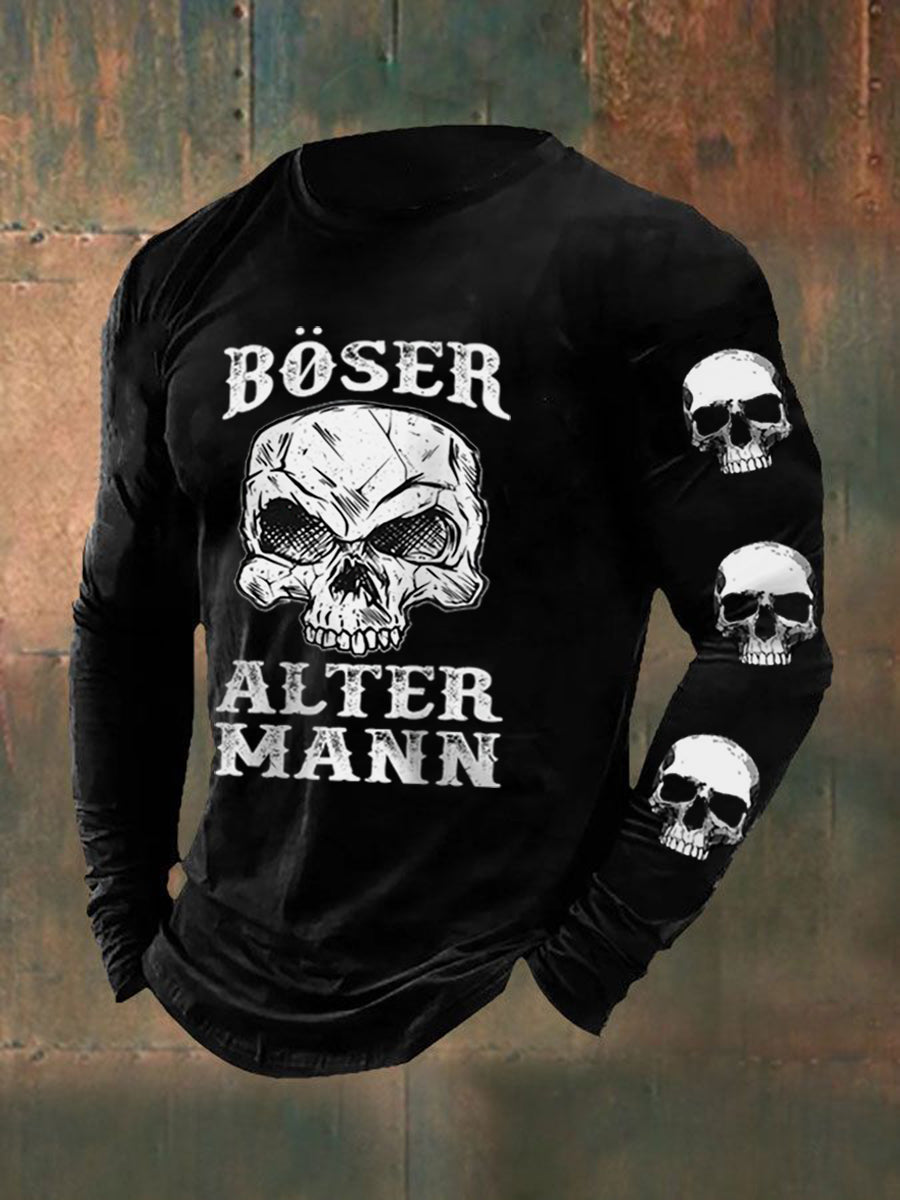 Männer Böser Alter Mann Schädel gedruckt Langarm T-Shirt