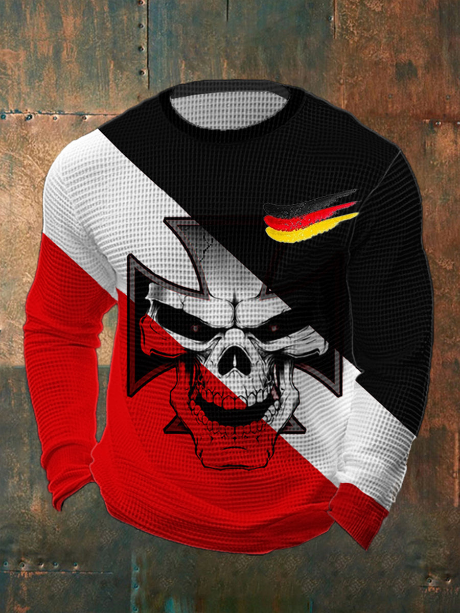 Männer Eisernes Kreuz Schädel druck Lässiges Waffel-Langarm-T-Shirt