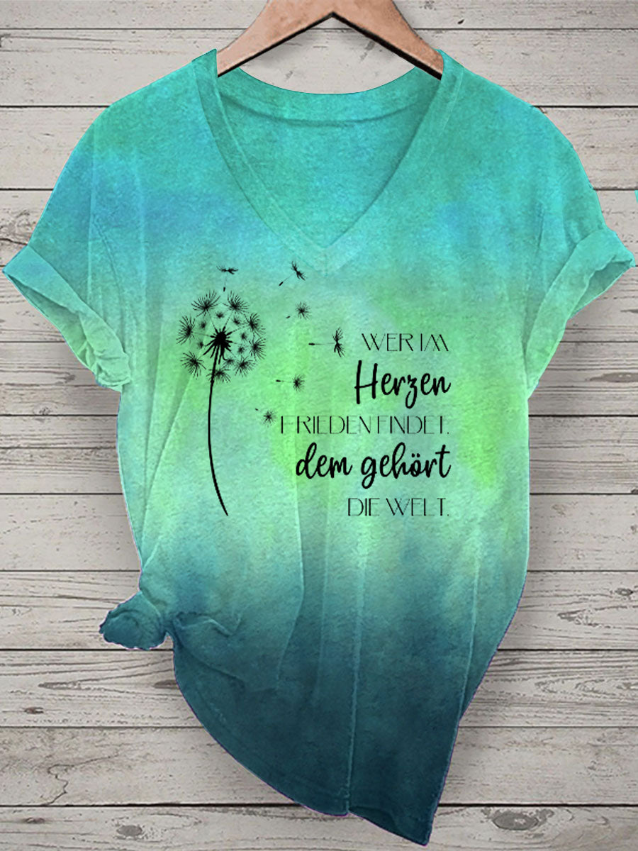 Damen-T-Shirt mit Löwenzahn und Sprichwörter Tie Dye Print Kurzarm