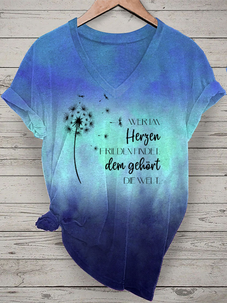 Damen-T-Shirt mit Löwenzahn und Sprichwörter Tie Dye Print Kurzarm