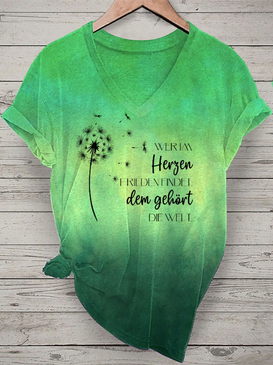Damen-T-Shirt mit Löwenzahn und Sprichwörter Tie Dye Print Kurzarm
