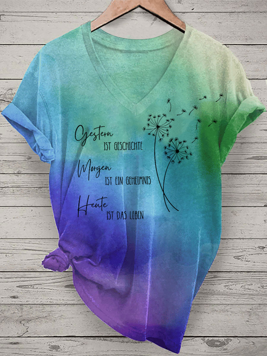 Damen-T-Shirt mit Löwenzahn und Sprichwörter Tie Dye Print Kurzarm
