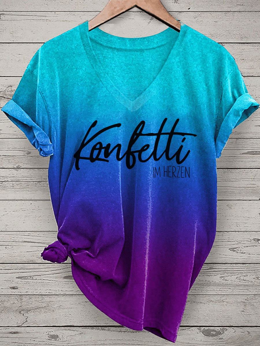 Bedrucktes T-Shirt mit V-Ausschnitt für Damen KONFETTI IM HERZEN