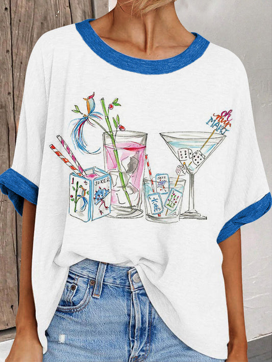 Damen-Cocktail-und Mahjong-Print lässig T-Shirt