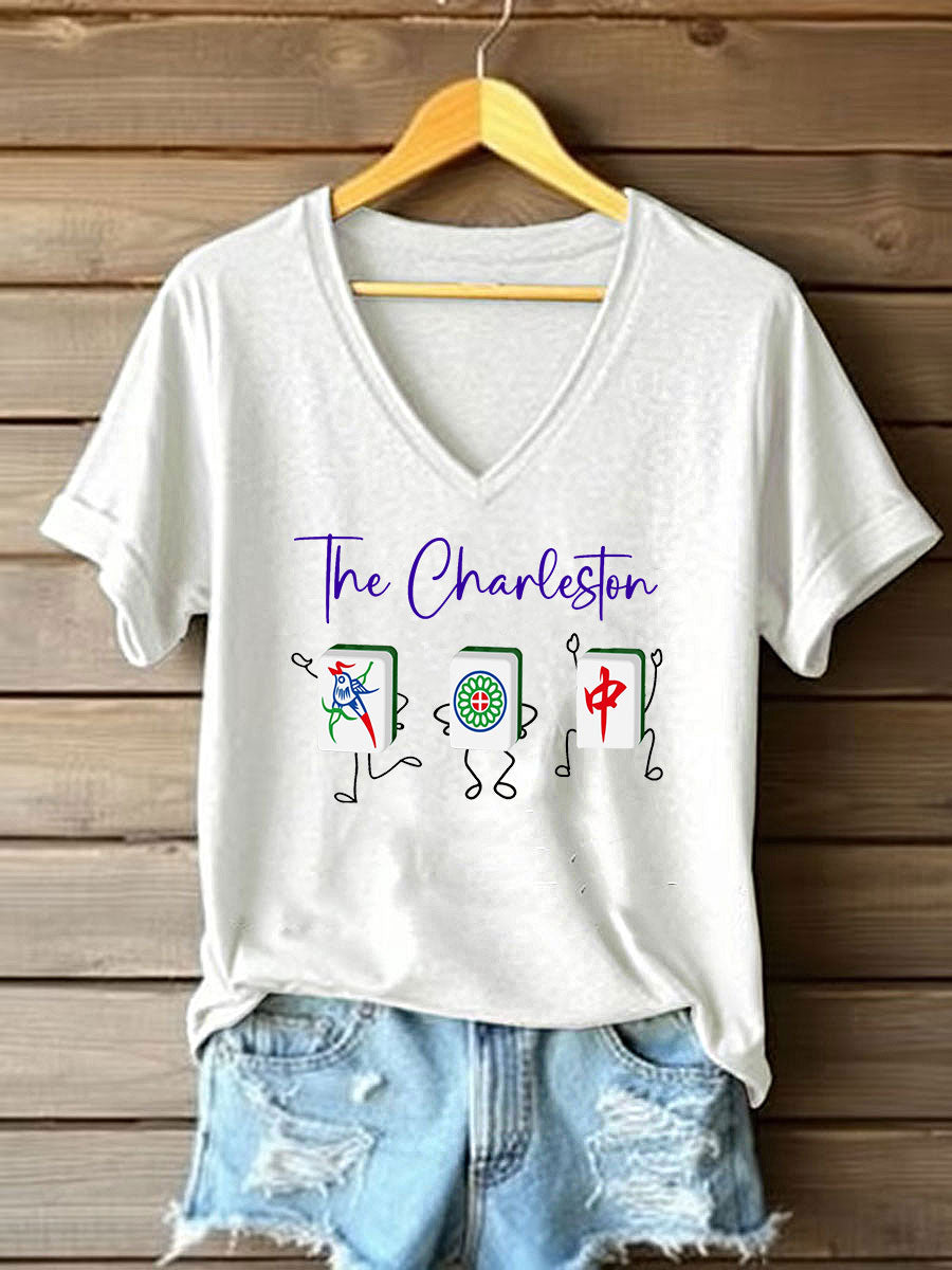 Frauen Mahjong Print V-Ausschnitt T-Shirt