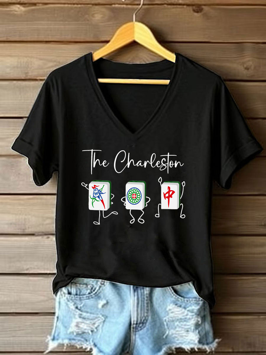 Frauen Mahjong Print V-Ausschnitt T-Shirt