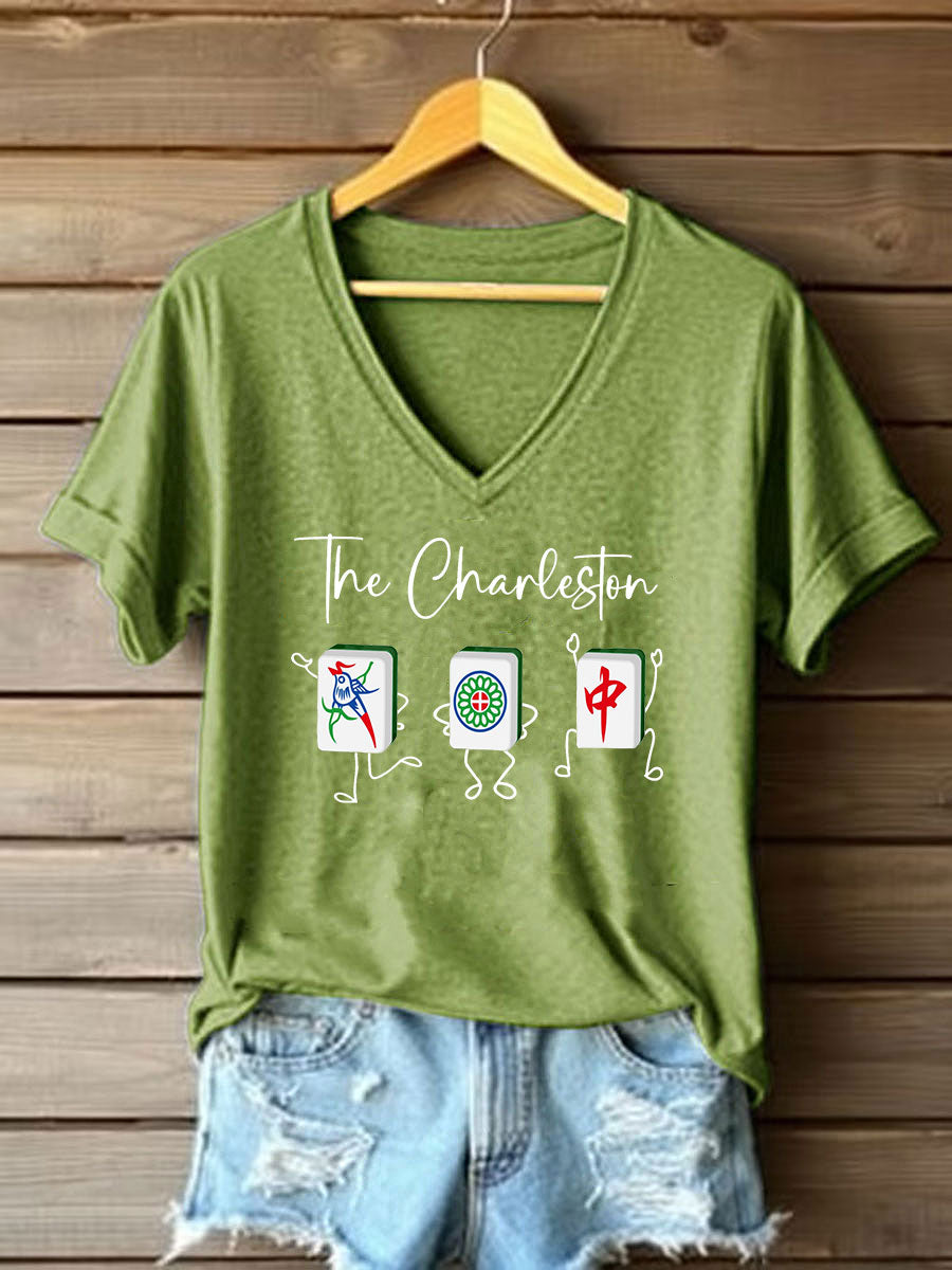 Frauen Mahjong Print V-Ausschnitt T-Shirt