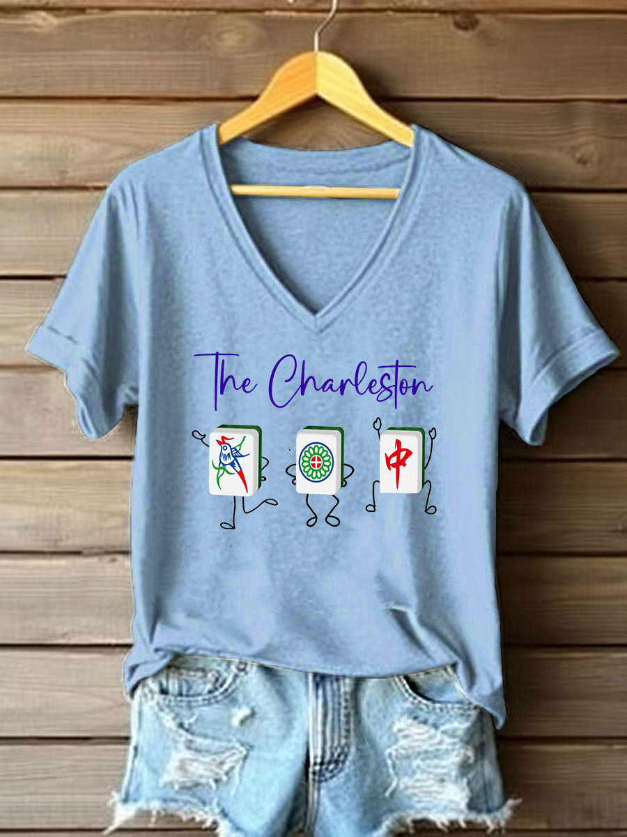 Frauen Mahjong Print V-Ausschnitt T-Shirt