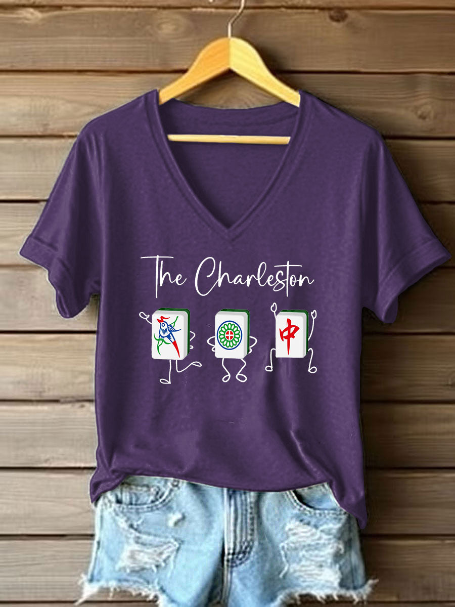 Frauen Mahjong Print V-Ausschnitt T-Shirt