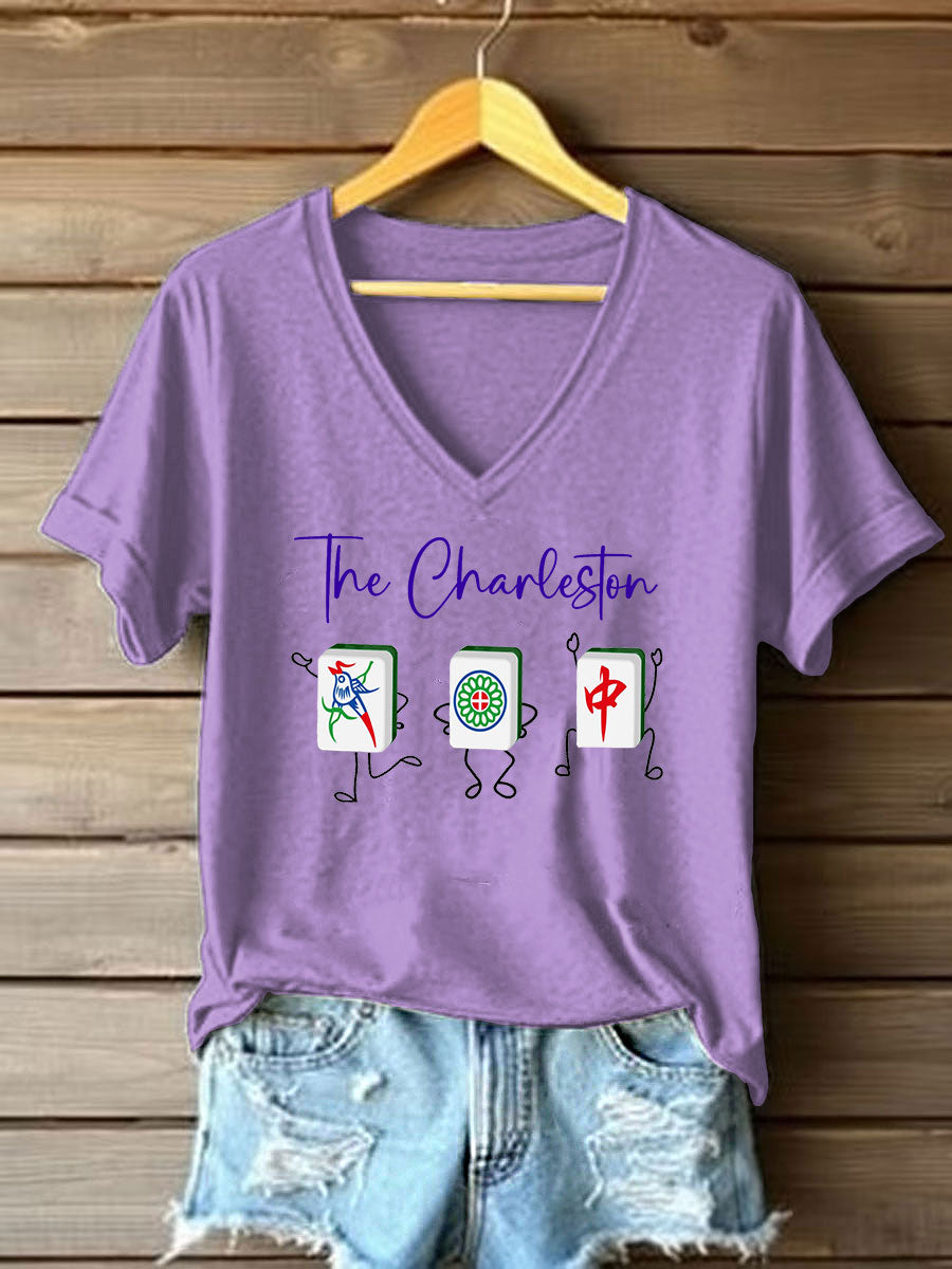 Frauen Mahjong Print V-Ausschnitt T-Shirt