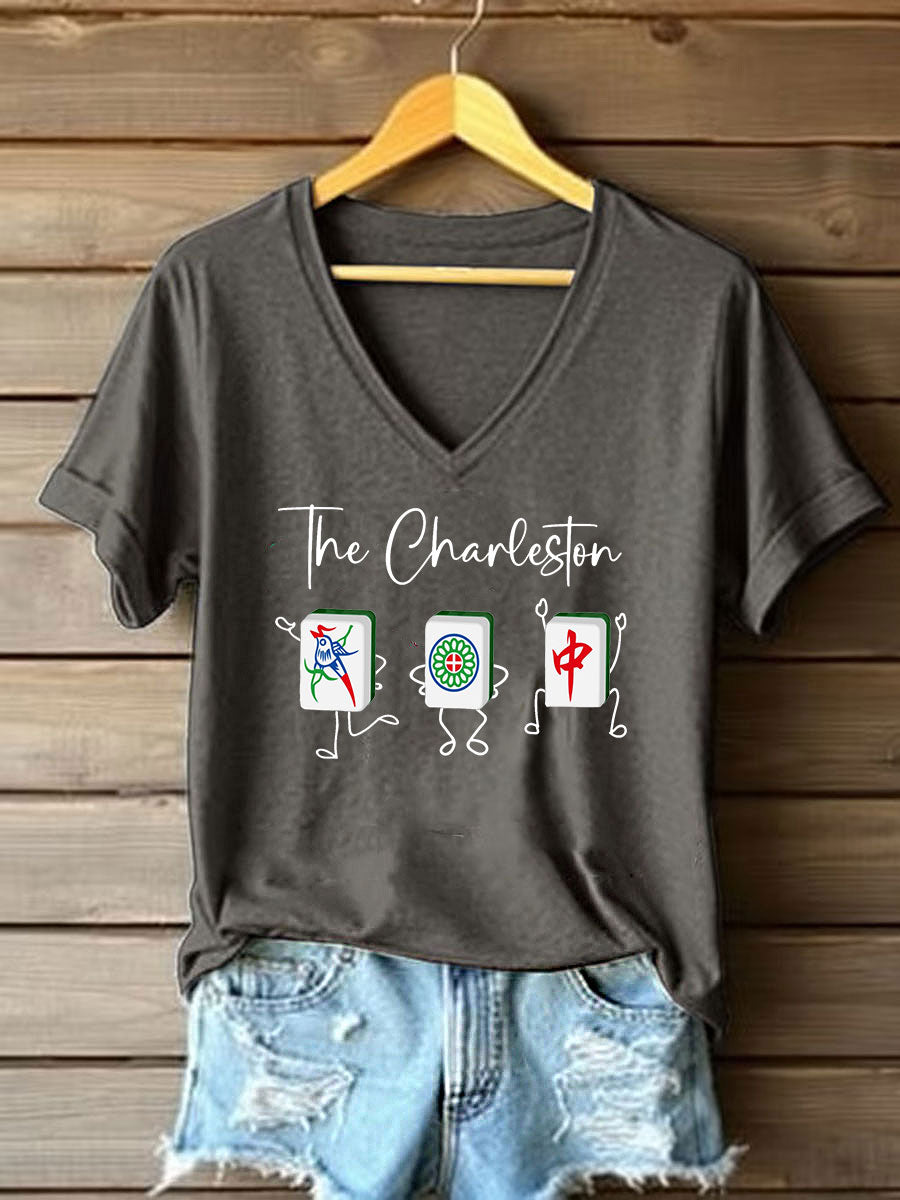 Frauen Mahjong Print V-Ausschnitt T-Shirt