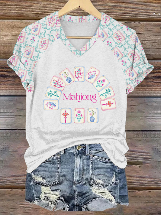 Frauen Mahjong Print V-Ausschnitt T-Shirt