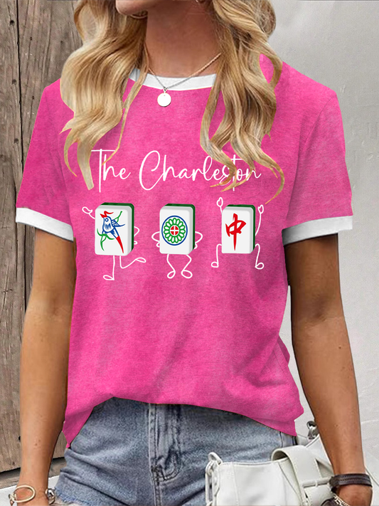 Frauen Lustiges Mahjong bedrucktes lässiges T-Shirt
