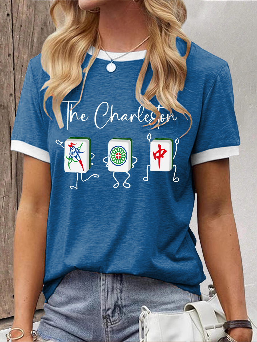 Frauen Lustiges Mahjong bedrucktes lässiges T-Shirt