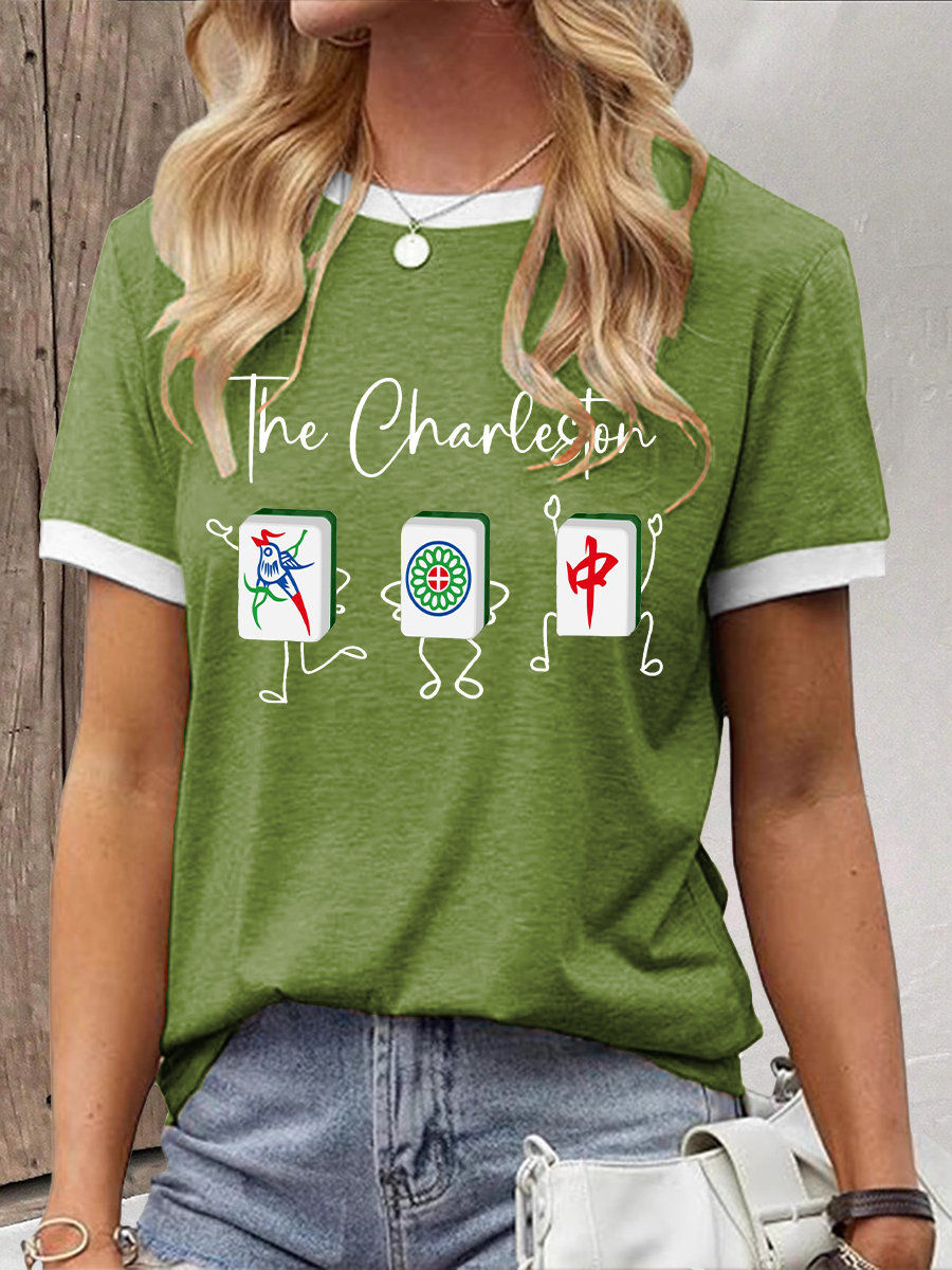 Frauen Lustiges Mahjong bedrucktes lässiges T-Shirt