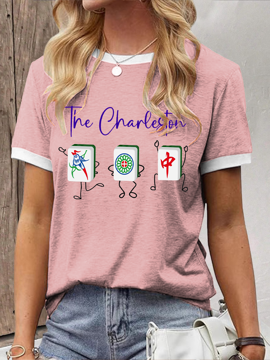 Frauen Lustiges Mahjong bedrucktes lässiges T-Shirt