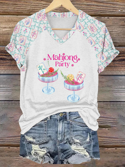 Frauen Mahjong Print V-Ausschnitt T-Shirt