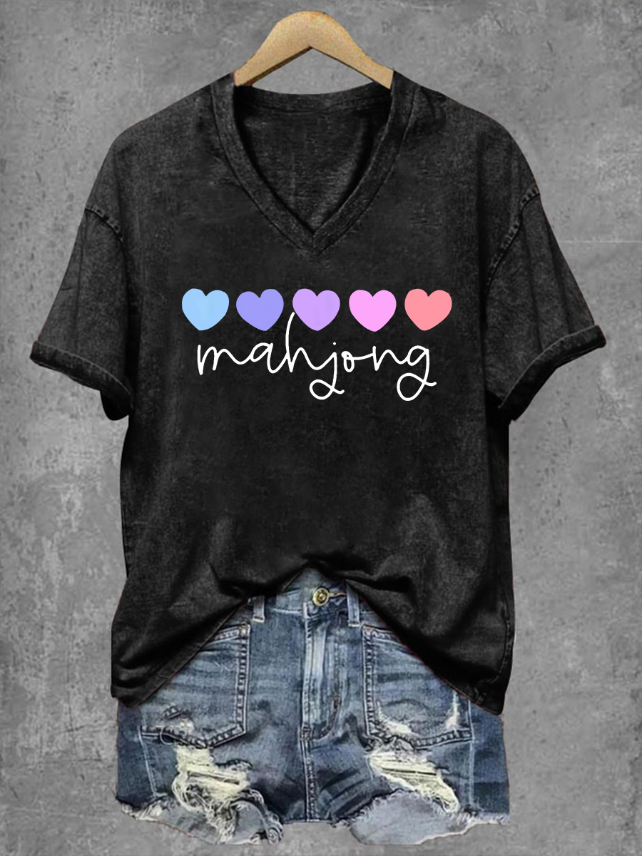 Frauen Mahjong Print V-Ausschnitt T-Shirt