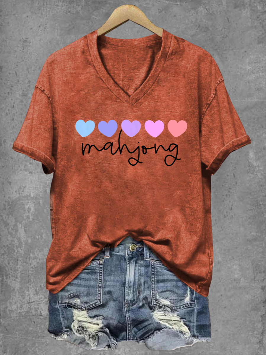 Frauen Mahjong Print V-Ausschnitt T-Shirt