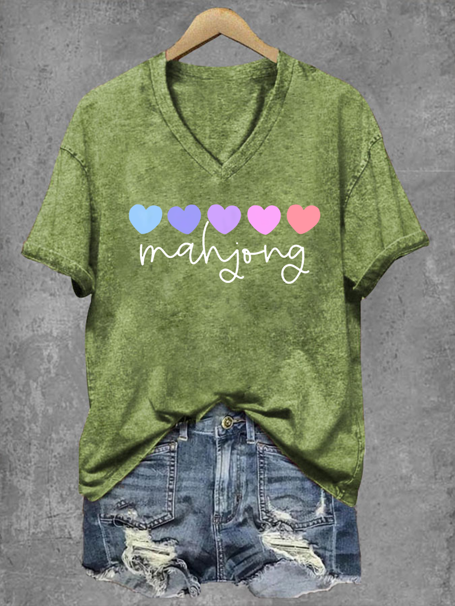 Frauen Mahjong Print V-Ausschnitt T-Shirt