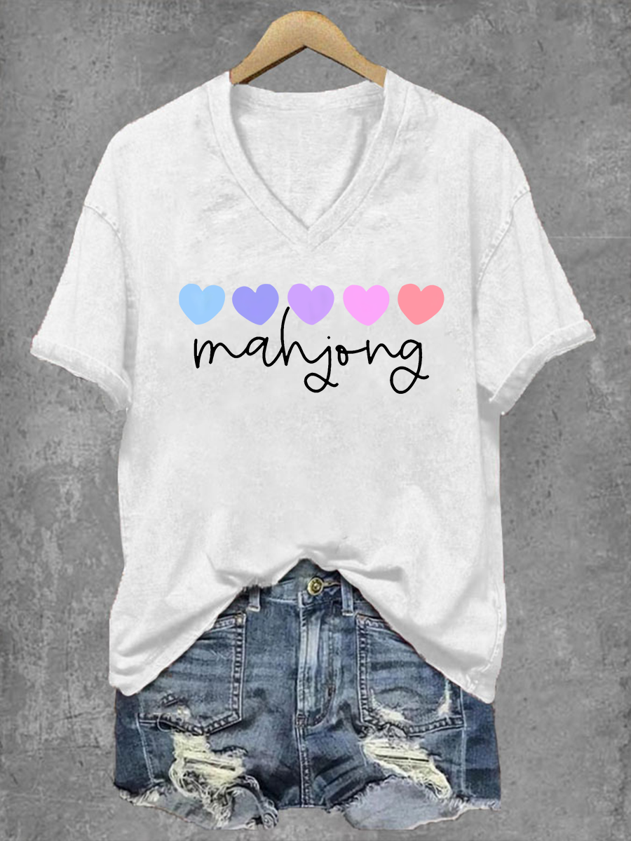 Frauen Mahjong Print V-Ausschnitt T-Shirt