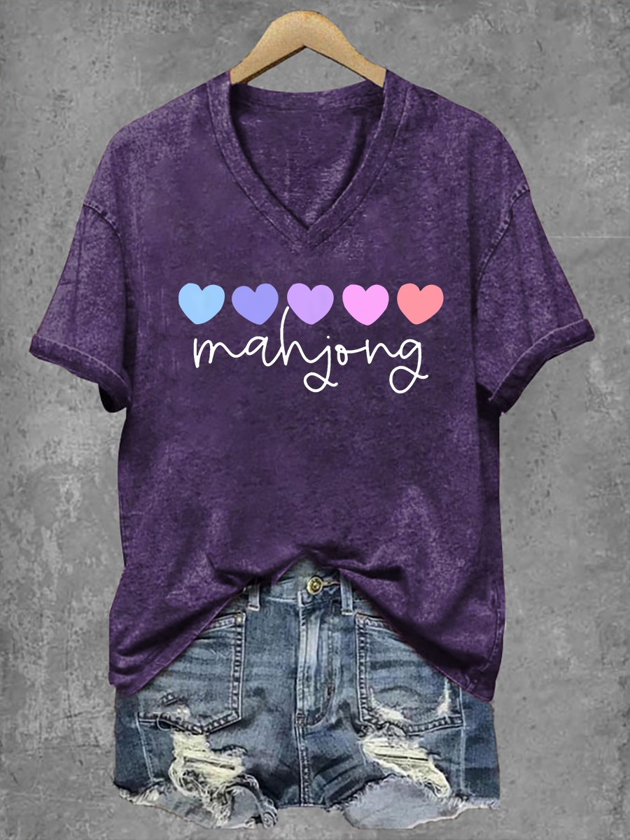 Frauen Mahjong Print V-Ausschnitt T-Shirt