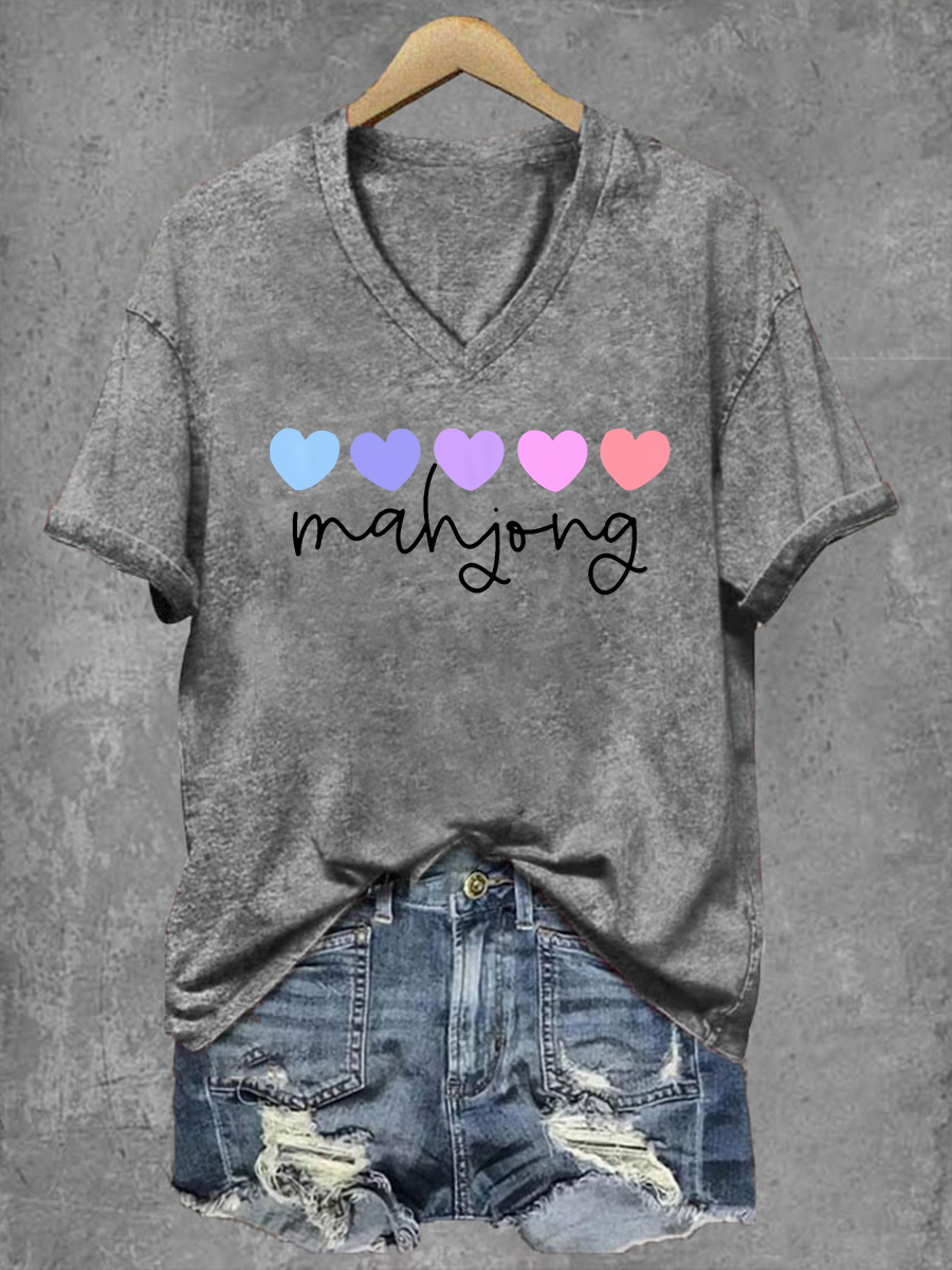 Frauen Mahjong Print V-Ausschnitt T-Shirt