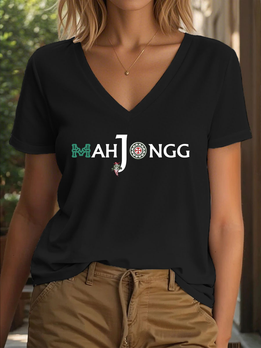 Frauen lustige Mahjong Print T-Shirt