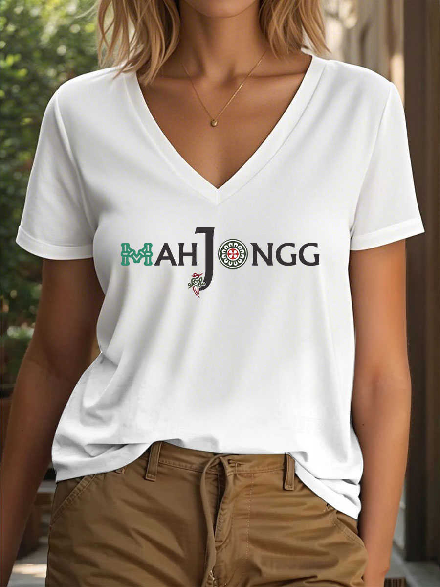 Frauen lustige Mahjong Print T-Shirt