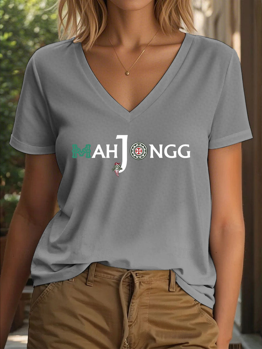 Frauen lustige Mahjong Print T-Shirt