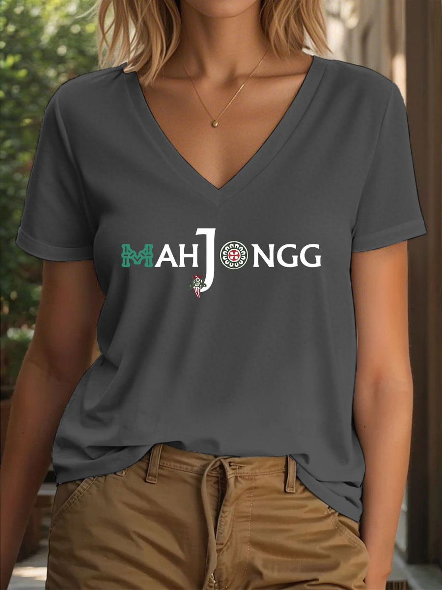Frauen lustige Mahjong Print T-Shirt