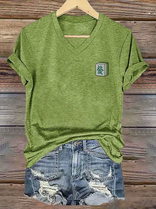 Frauen Mahjong 'Fa' T-Shirt mit V-Ausschnitt