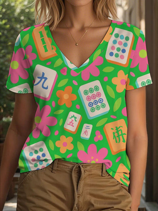 Damen-Mahjong-T-Shirt mit Blumen druck