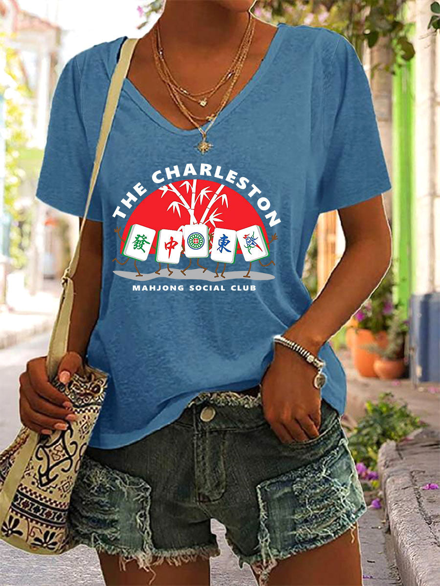 Frauen Mahjong Print V-Ausschnitt T-Shirt