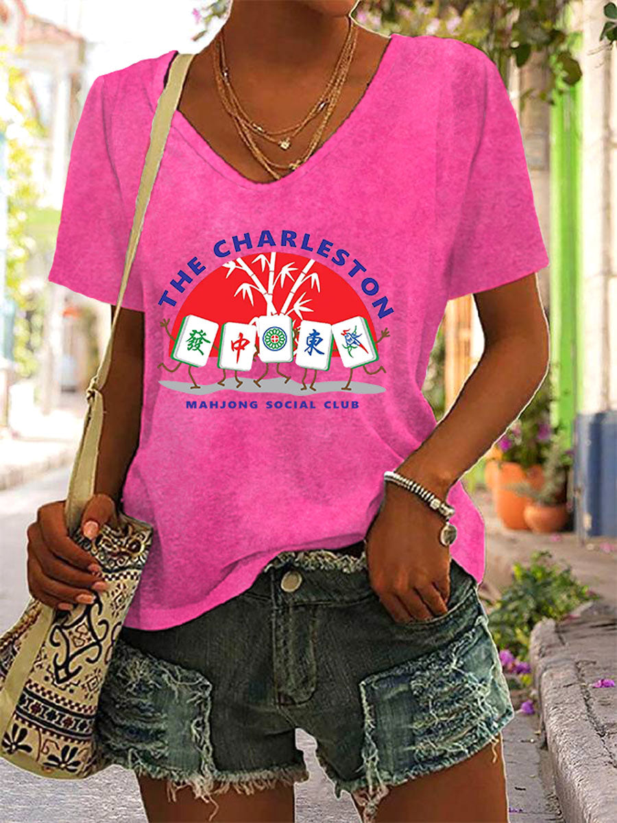Frauen Mahjong Print V-Ausschnitt T-Shirt