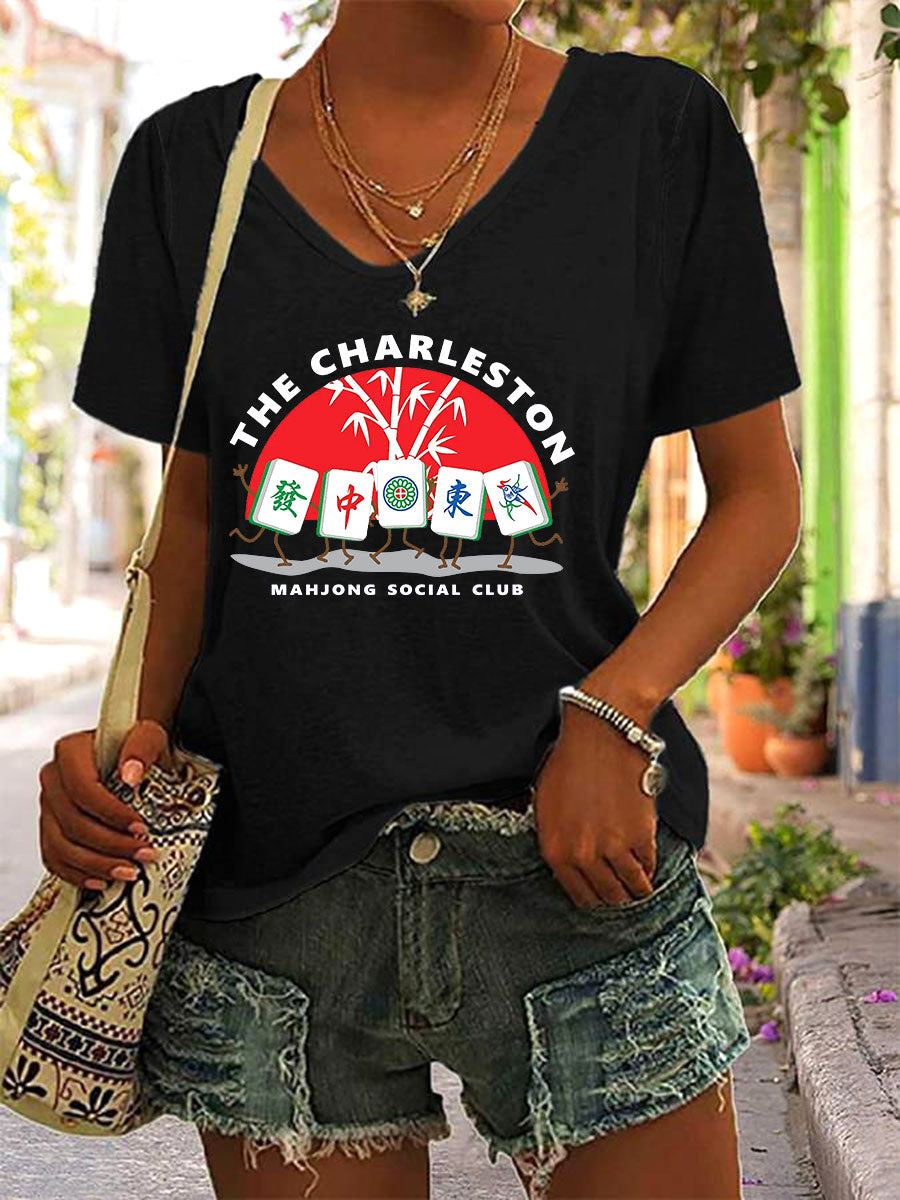 Frauen Mahjong Print V-Ausschnitt T-Shirt