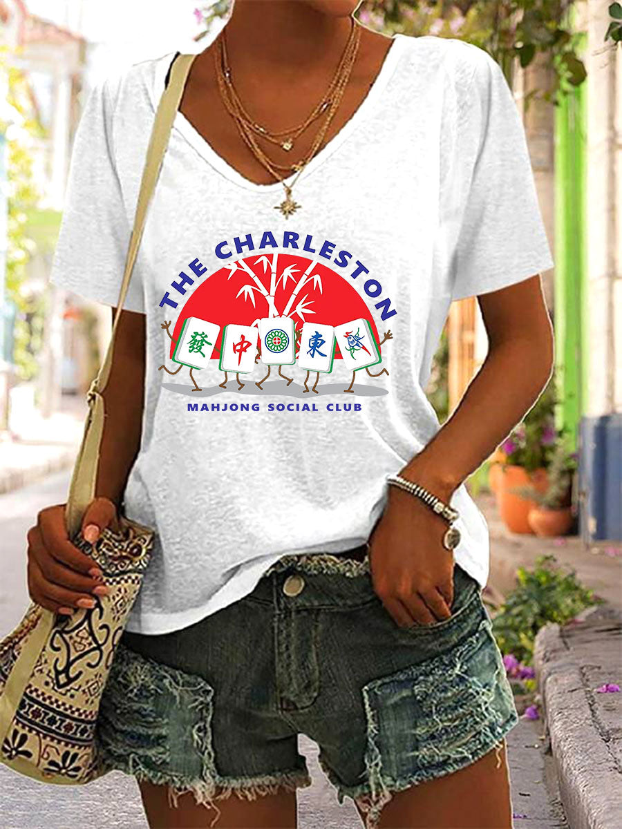 Frauen Mahjong Print V-Ausschnitt T-Shirt