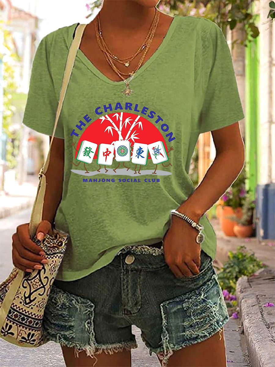 Frauen Mahjong Print V-Ausschnitt T-Shirt