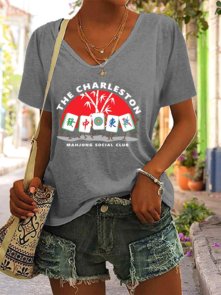 Frauen Mahjong Print V-Ausschnitt T-Shirt