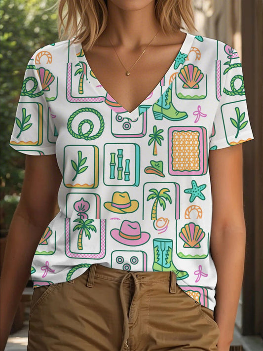 Damen Mahjong bedrucktes lässiges T-Shirt