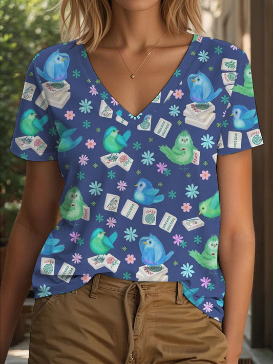 Damen Mahjong bedrucktes lässiges T-Shirt