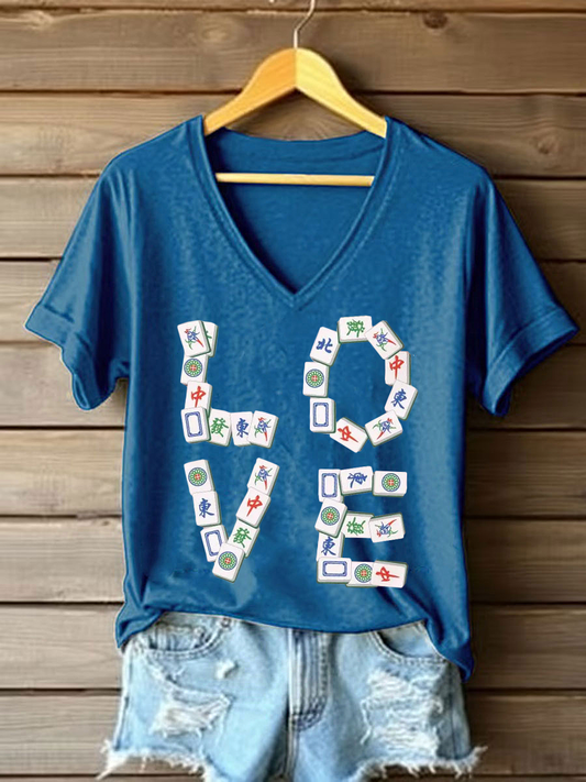 Frauen Liebe Mahjong V-Ausschnitt T-Shirts