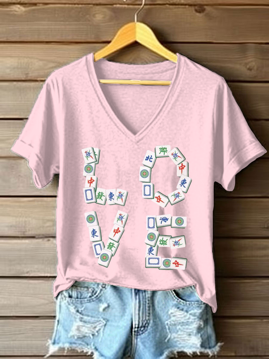 Frauen Liebe Mahjong V-Ausschnitt T-Shirts