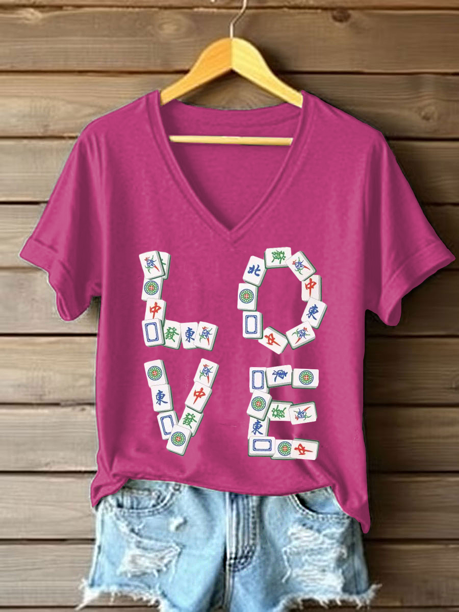 Frauen Liebe Mahjong V-Ausschnitt T-Shirts