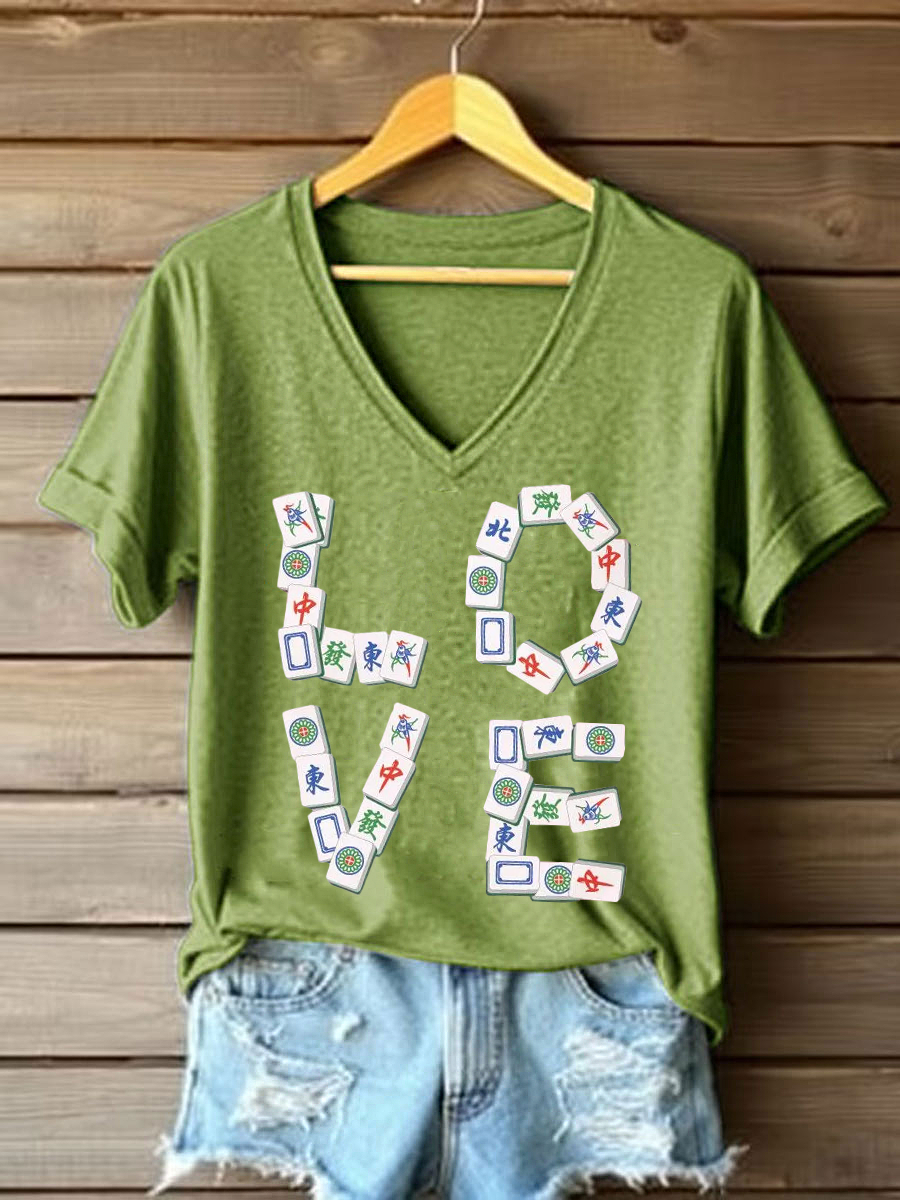 Frauen Liebe Mahjong V-Ausschnitt T-Shirts