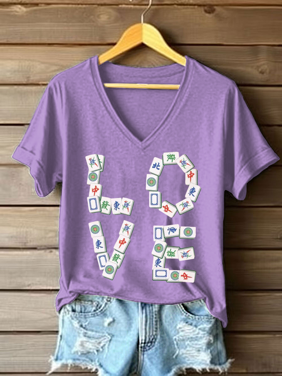 Frauen Liebe Mahjong V-Ausschnitt T-Shirts
