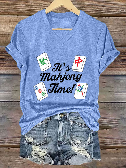 Frauen Es ist Mahjong-Zeit T-Shirt mit V-Ausschnitt